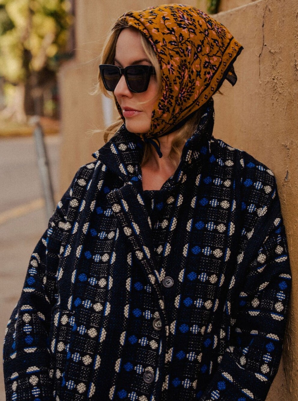 Liz Alig Navy Plaid Wool Coat with Blue Dot Accent
